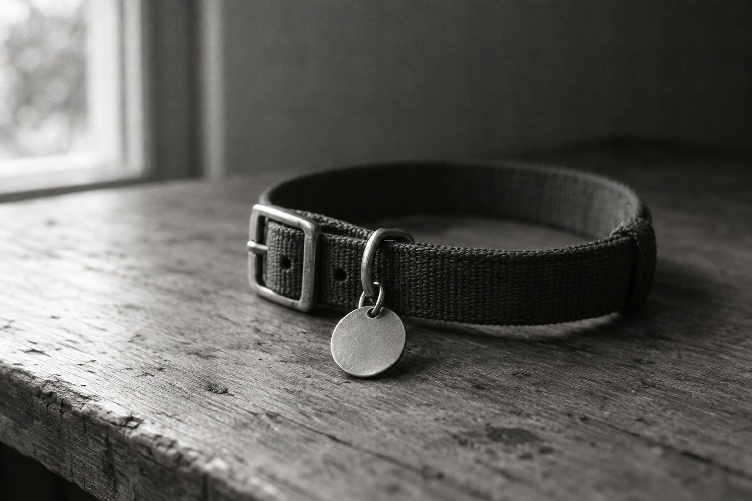A black-and-white still life of a dog collar with a blank circular tag resting on a wooden table.